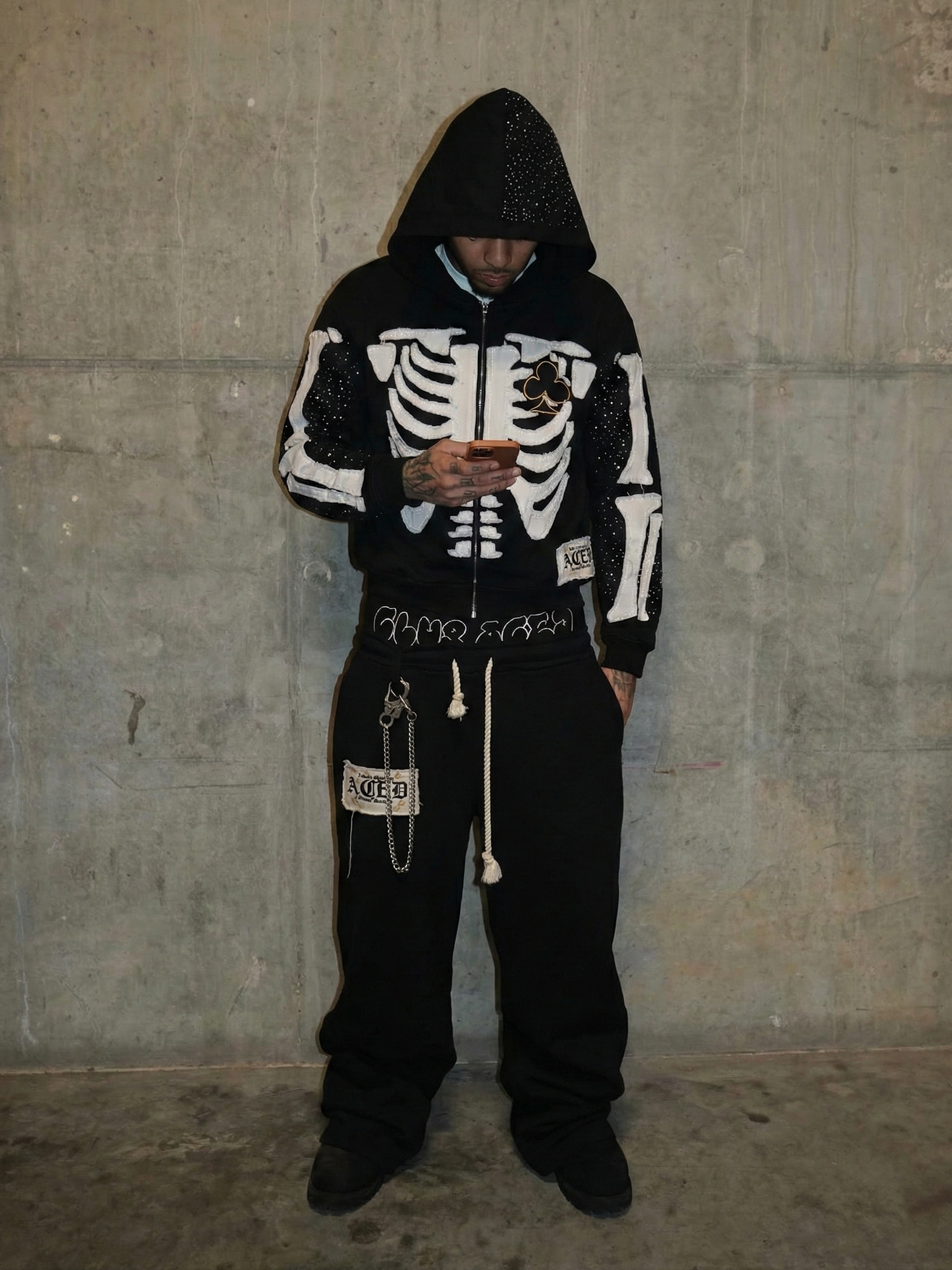 Bone Stitching Hoodie Black